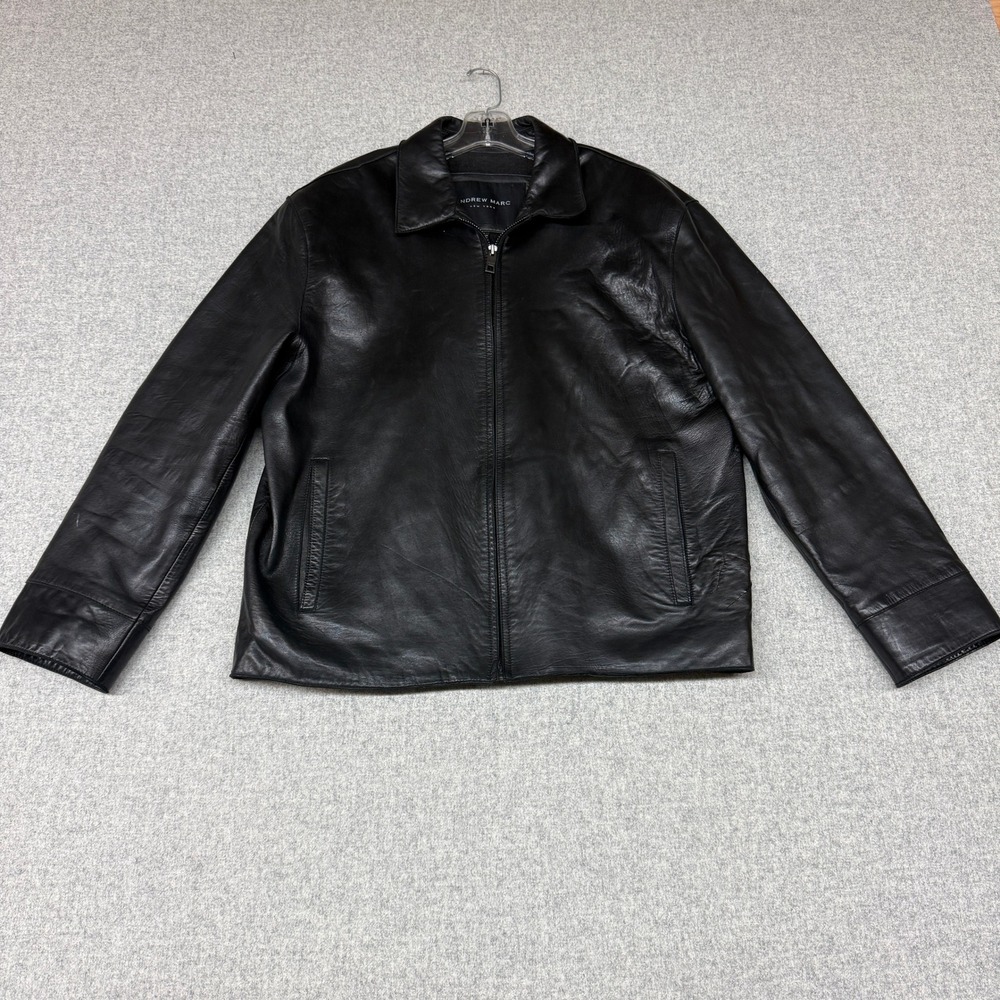 Andrew Marc Leather Jacket Large Black Full Zip Harrington Coat Mens Outerwear L